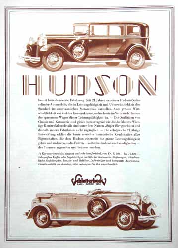 Schweizer Werbung Hudson 1929